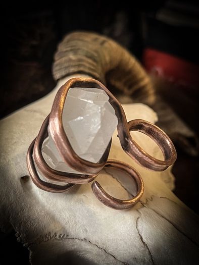 Copper Coiled Around a Raw Clear Quartz Crystal Ring Size Medium