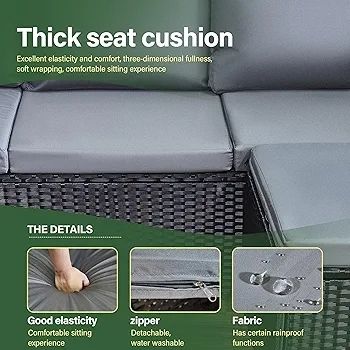 3 Pieces Rattan garden furniture Patio Furniture Sets All Weather Outdoor Sectional Patio Sofa Manual Weaving Wicker Rattan Corner Sofa with Grey Cushions and Glass Table