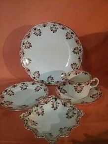 Vintage Osbourne  China Trio + Cake Plate & Trinket Dish