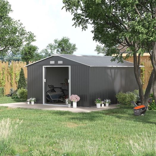 MASSIVE SALE 13x11FT Garden Roofed Metal Storage Shed Tool Box with Foundation Ventilation & Doors, Grey