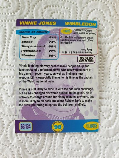 Vinnie Jones Wimbledon Football Trading Card 1998 to 1999