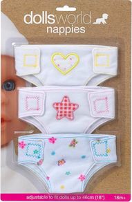Fabric 3-Pack Nappies from Peterkin: Adjustable and reusable fabric dolls nappies Dolls & Accessories Age 18 Months (FREE POSTAGE)