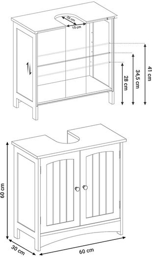 Vanity unit, vanity unit, vanity unit, bathroom cabinet with 2 doors, adjustable shelf, lots of storage space, free-standing, country house style, 60 x 30 x 60 cm, white