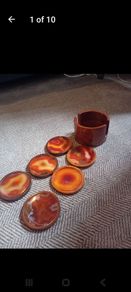 Mid century natural agate coaster set hardwood