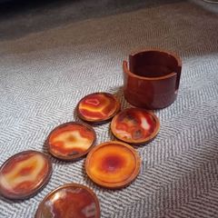 Mid century natural agate coaster set hardwood