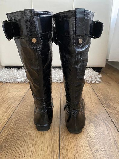 KAREN MILLEN Black Patent Leather Buckle Trim Calf-Length Flat Boots UK 4.5 / EU 37