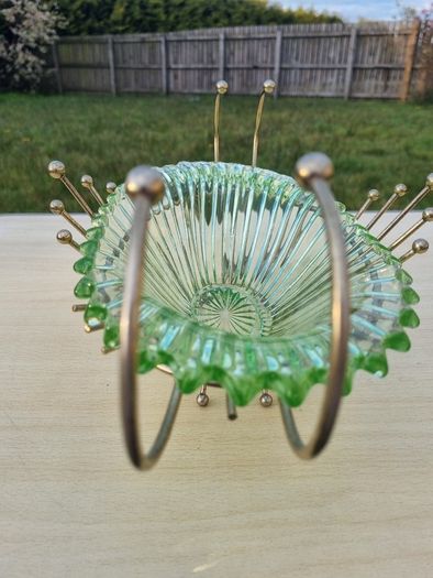 Vintage green uranium glass platter set in a brass frame