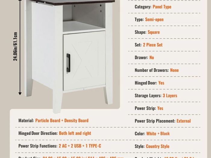 Farmhouse End Table, Set of 2, Square Night Stand with USB Ports and Outlets, 3 Tiers End Table Side Table with Storage Cabinet and LED Lights, Ideal for Living Room, Bedroom, Office, White