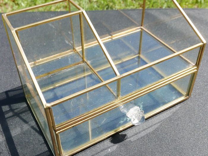 Vintage Gold clear glass large storage jewelers makeup box 7,2" x 4,4" H-3"