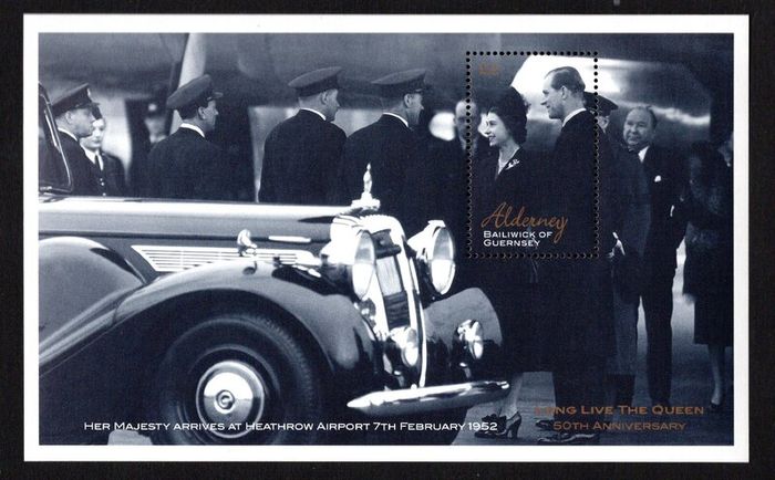 2002 Alderney Golden Jubilee Queen Elizabeth and Prince Philip arriving at London Airport, February 1952 Commemorative Stamp Miniature Sheet Mint Never Hinged (MNH)