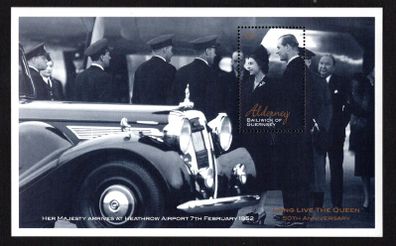 2002 Alderney Golden Jubilee Queen Elizabeth and Prince Philip arriving at London Airport, February 1952 Commemorative Stamp Miniature Sheet Mint Never Hinged (MNH)