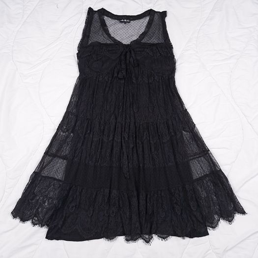Miss June Black Floral Lace & Sheer Polka Dot Mesh Tiered Sleeveless Midi Dress 12UK/40EU