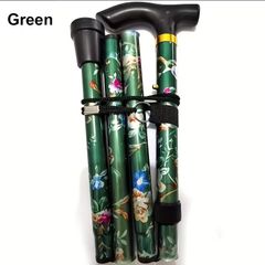 Folding Walking Stick, Green Floral.