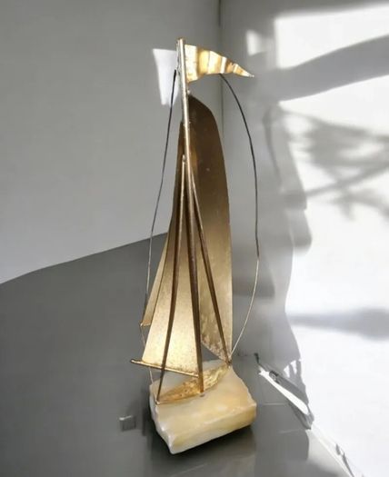 Brass sailing boat on crystal stand signed