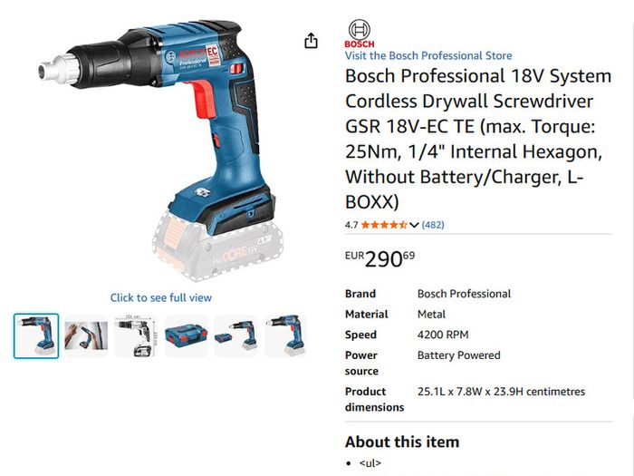 Bosch 18V Cordless Drywall Screwdriver GSR 18V-EC TE (max. Torque: 25Nm, 1/4" Internal Hexagon, Without Battery