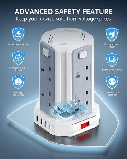 Tower Extension Lead 5M, (13A 3250W), 8 AC Outlets and 4 USB Ports Extension Tower, Surge Protection with 4 Independent Control Switch, Extension Cable for Office, Home, Kitchen