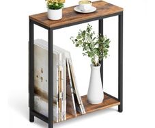 2-Tier End Table for Living Room, Narrow Beside Table for Bedroom, Sofa, Couch, Rustic Brown and Classic Black