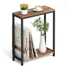 2-Tier End Table for Living Room, Narrow Beside Table for Bedroom, Sofa, Couch, Rustic Brown and Classic Black