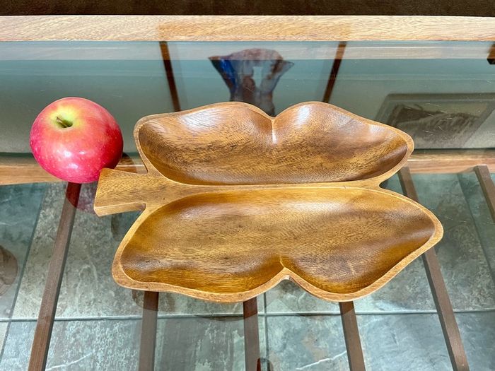 Vintage Teak Wood Serving Butterfly Leaf Shaped Bowl Two Section Tray