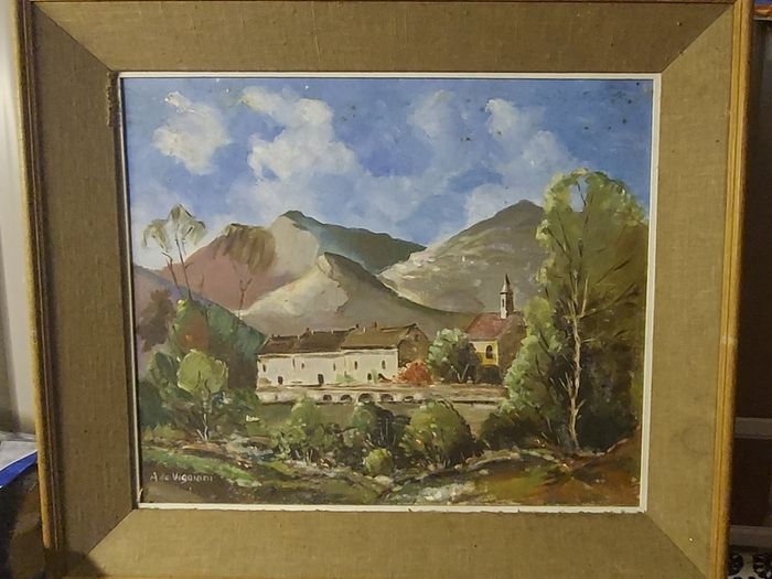 Large antique painting in wood frame