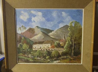 Large antique painting in wood frame