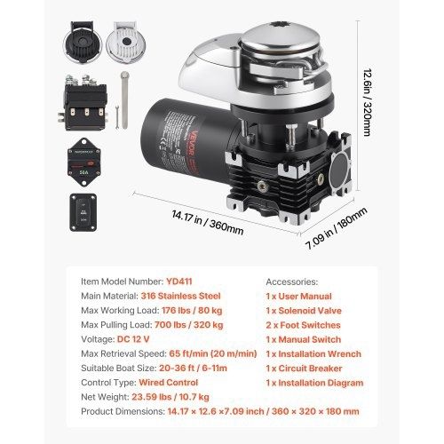 Vertical Fishing Windlass, 12V DC 600W, Windlass Anchor Systems Fit for 6.35 mm Chain or 14.3 & 15.9 mm Nylon Rope, Max Pull 320 kg, 316 Stainless Steel Construction, for Boats 6-11 m