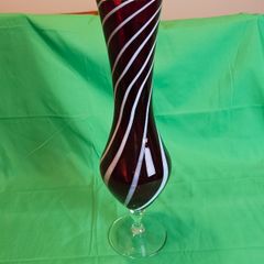 Elegant Murano-style vase made of art glass in ruby red with white spiral stripes