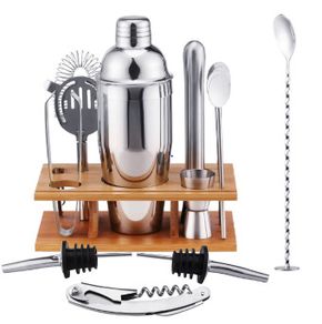 14Pcs/Set Cocktail Shaker Mixer Stainless Steel Bartender Bamboo Bartending Wine Rack Stand For Home Bar Party 550/750ML