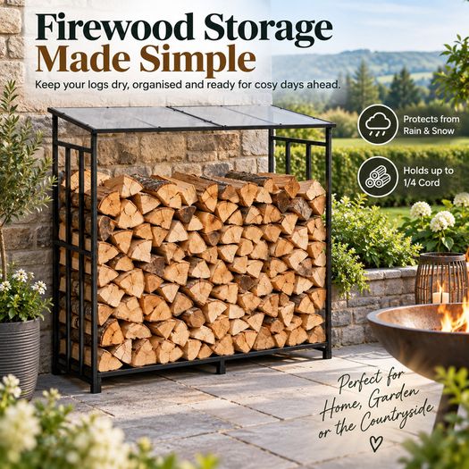 Outdoor Firewood Log Rack with Sloped Roof 143cm, Powder-Coated Steel Frame