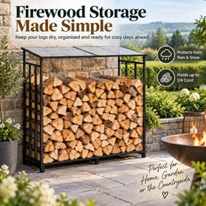 Outdoor Firewood Log Rack with Sloped Roof 143cm, Powder-Coated Steel Frame
