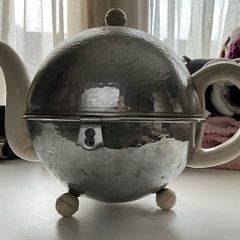 Rare Vintage Art Deco Teapot Silver Chrome Insulated Ceramic Tea Pot