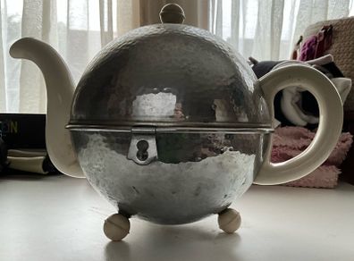Rare Vintage Art Deco Teapot Silver Chrome Insulated Ceramic Tea Pot