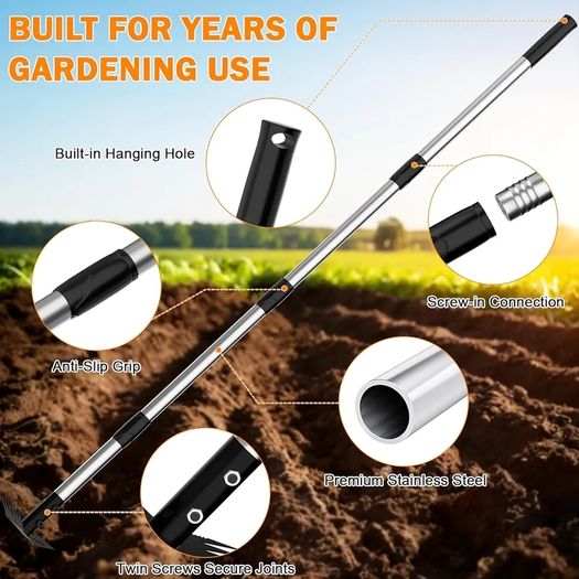 Weed Remover Tool 2-in-1 Weed Rake & Hoe Combo, Heavy Duty Manual Weed Puller with 40-148cm Adjustable Long Handle, Ergonomic Weeding Tools for Lawn, Yard, Patio, Garden