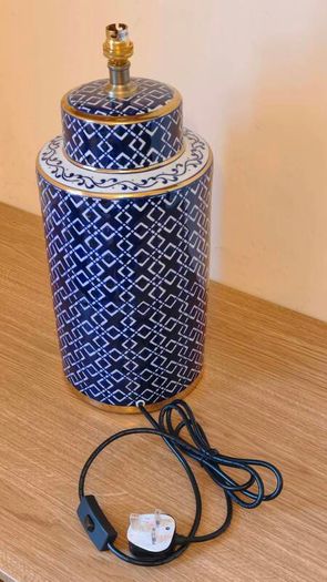 Large Ceramic Forino Blue Glazed Patterned Table Lamp with Shade
