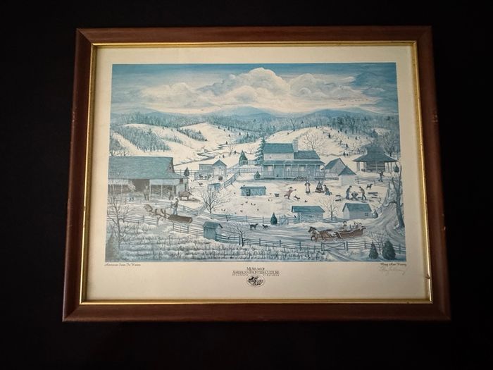 Pair of Hand-Signed Mary Ann Vessey Framed Folk Art Prints (Ulster-Scots & Winter Farm)