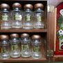 Vintage Wood Spice Rack Cabinet Glass Door Faux Stained Glass 2 Tier 8 Jars Image 6