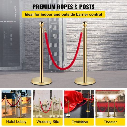 Gold Barrier Post with Cord, Barrier, Velvet Ropes and Posts, 5 ft/1.5 m Red Rope, Stainless Steel Gold Stanchion with Ball Top, Red Crowd Control Barrier Used for Theaters, Party, Wedding, Exhibition,