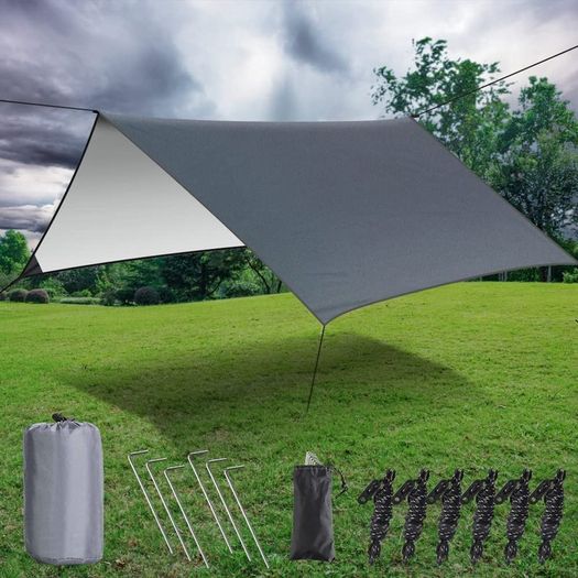 Hammock Rain Fly Tent Tarp,GINTOGE Multifunctional Waterproof Camping Shelter, 300cm x 300cm lightweight Windproof Snowproof Outdoor Sunshade Fly for Hammock -Tent Stakes and Ropes (Gray) No Poles