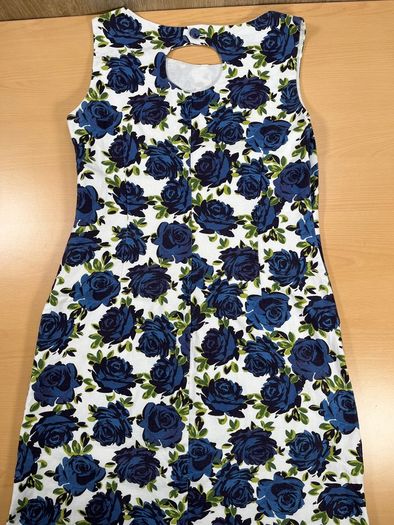 Laura Ashley Womens Dress White A-Line Linen Blue Rose Floral Print Retro SZ 10