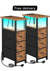 Bedside Table Set of 2, Narrow Side Table with Charging Station