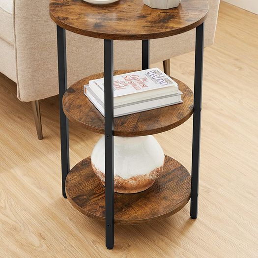 Round 3 Tier Steel Side Table Easy Assembly for Living Room Bedroom Industrial Style Vintage Brown Black