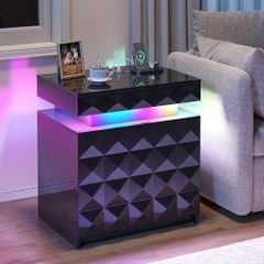 LED Bedside Table with Charging Station,3 Drawers Night Stand with Lockable Hidden Storage,Smart Nightstand with Human Sensor RGB Lights for Bedroom, Black