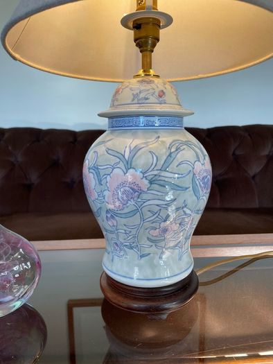 Pretty Oriental Pastel Floral Ginger Jar Lamp Base with Wooden Plinth Base