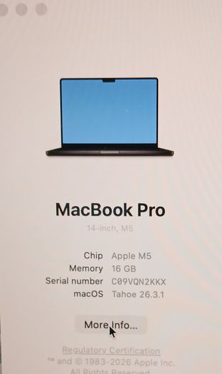 MacBook Pro 17,2/ M5 (10-CPU 10-GPU) /16GB Ram/512GB SSD/14  Battery health :100%