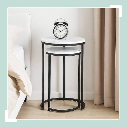 Nesting Tables, 2-Piece Set, 2 Sizes, Marble Effect, Metal Legs, Round, Living Room, for Sofa, White/Black