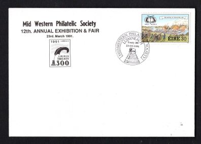 1991 Ireland Mid Western Philatelic Society Philatelic Exhibition 23rd March 1991 Exhibition cancel tying 30p Williamite War Commemorative Stamp on Illustrated Cover