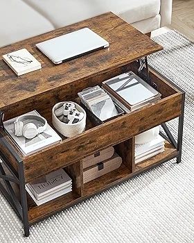 Living Room Table with Lift Top, Coffee Table, Hidden Compartment and Open Compartments, Steel Frame, 50 x 100 x (46.5-62) cm, Vintage Brown and Black