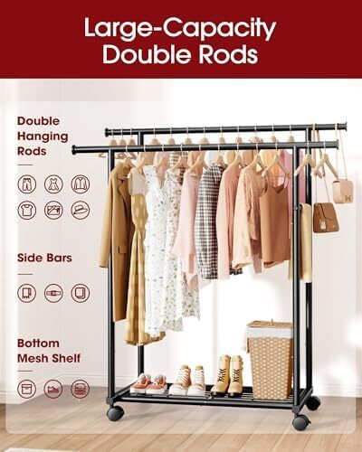 Double Rod Clothing Rack with Shelf & Wheels, 98x42x150cm, Black