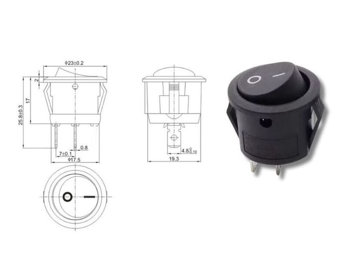 Round Rocker ON/OFF Switch KCD1-2  Available in Red or Black.