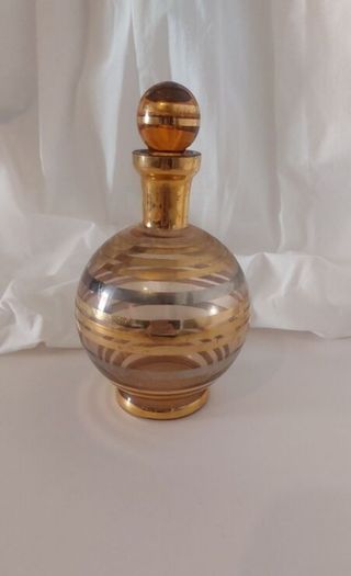 Fabulous Vintage Retro Mid-Century-Modern Small Pale Pink Glass Decanter with Gold and Silver Gilt Banding Plus Five Liqueur Glasses, Irice, Czechoslovakia